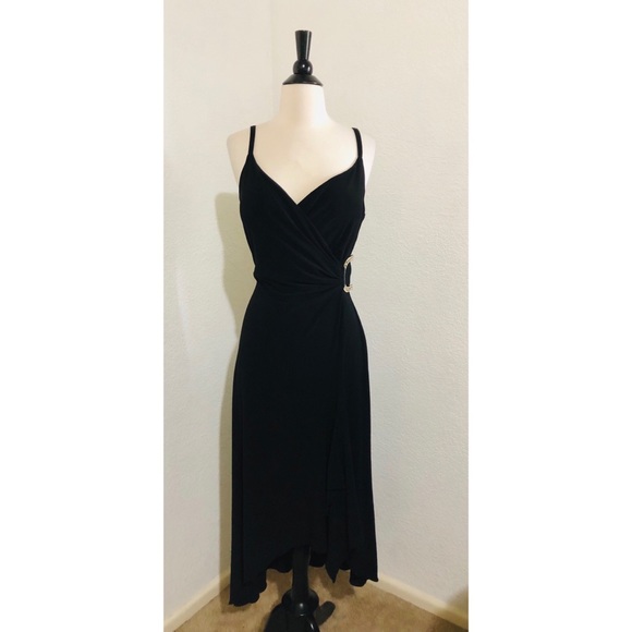 Onyx Nite Cocktail Midi High Low Faux Wrap Dres 6 - Picture 1 of 8